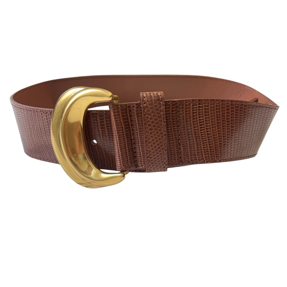Brand Unkn‎ - Belt w/Gold Buckle, Wide Brown Lizard-Embossed Faux leather Sz 6